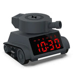 Alarm clock in tank shape with LED display showing red digital time and rubber treads.