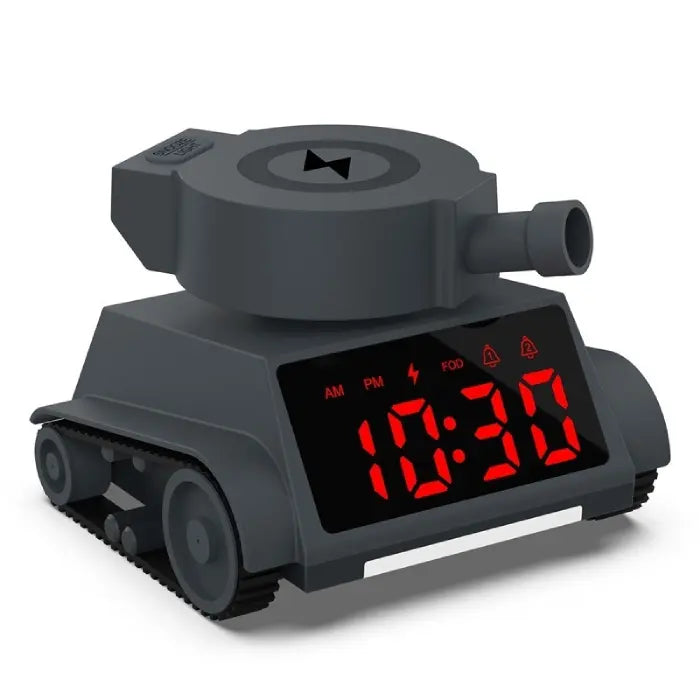 Alarm clock in tank shape with LED display showing red digital time and rubber treads.
