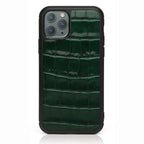 Alligator Skin Phone Case in deep green polished leather with crocodile pattern detailing.