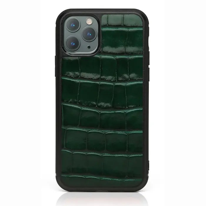Alligator Skin Phone Case in deep green polished leather with crocodile pattern detailing.