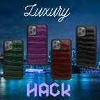 Alligator Skin Phone Case luxury collection in green, purple, burgundy, and black displayed against a city skyline.