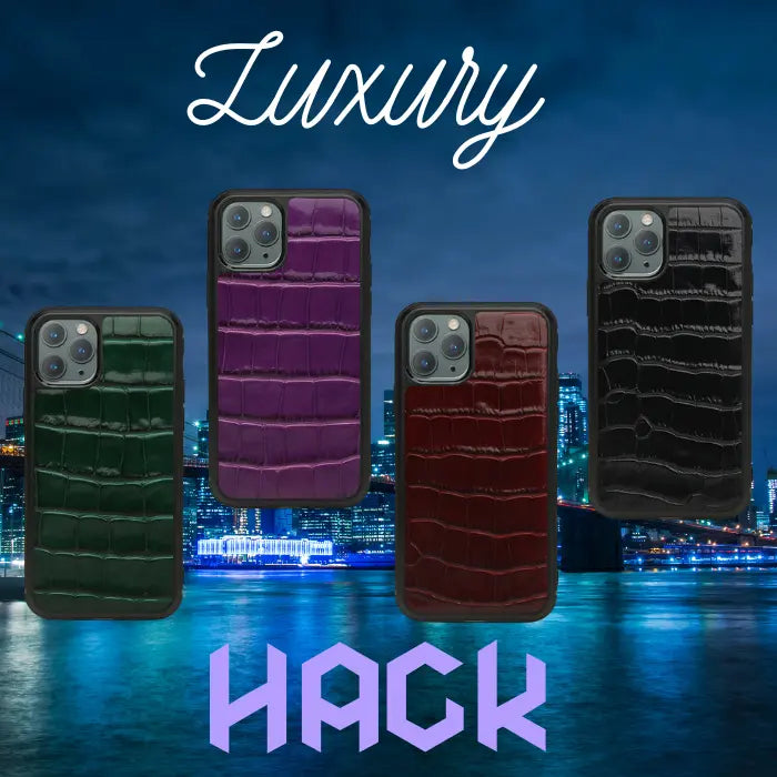 Alligator Skin Phone Case luxury collection in green, purple, burgundy, and black displayed against a city skyline.