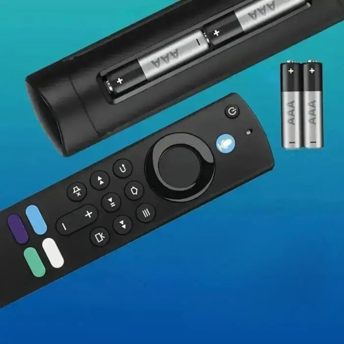 Smart remote with battery compartment open, AAA batteries, and colorful shortcut buttons on blue gradient background.