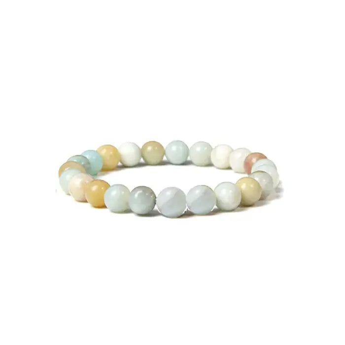 Multi-colored amazonite beaded bracelet featuring soft pastel blue, white and cream stones