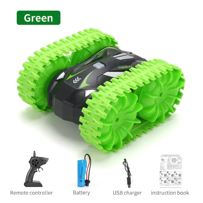 amphibious rc car, green tracked wheels with remote, battery, USB charger and manual shown as full kit bundle included !