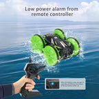 amphibious rc car racing on water with controller low power indicator blinking; shows safety reminder for charging before play