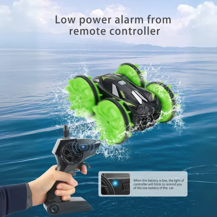amphibious rc car racing on water with controller low power indicator blinking; shows safety reminder for charging before play