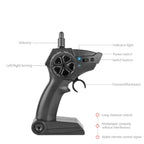 amphibious rc car pistol style remote labeled with antenna, indicator, power switch, left right turning and forward backward controls