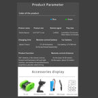 amphibious rc car product parameters sheet showing size, 2.4ghz signal, play time, battery, range and included accessories list clearly