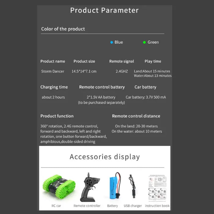 amphibious rc car product parameters sheet showing size, 2.4ghz signal, play time, battery, range and included accessories list clearly
