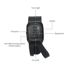 amphibious rc car hand gesture watch remote closeup, labeled controls for forward, backward, left, right and rotate functions