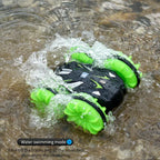 amphibious rc car splashing in water, floating as it swims with wheels paddling forward for pool, creek or beach fun safely