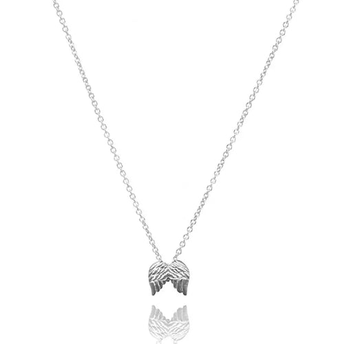 Angel wing necklace in silver featuring delicate wing pendant on fine chain, offering meaningful symbolic jewelry for daily wear or gifting