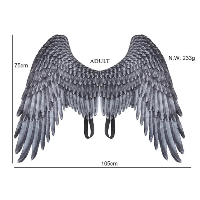 Angel wings adult size measuring 105cm wide and 75cm tall with feathered texture and black straps.