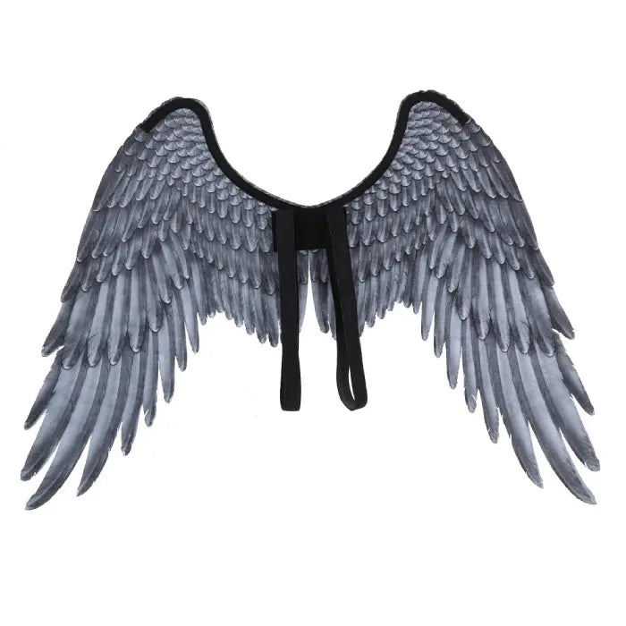 Angel wings with black straps and gray feathered plumage shown from rear flat-lay perspective.