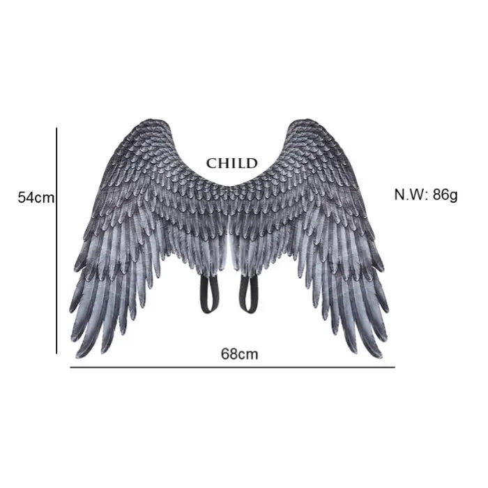 Angel wings child size with 54cm height and 68cm width, lightweight feather design and black straps.
