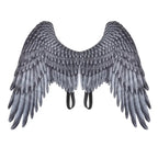 Angel wings feather costume accessory with detailed black and gray layered plumage and shoulder straps.