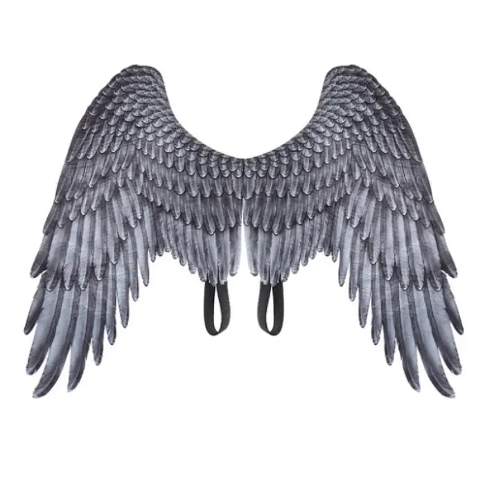 Angel wings feather costume accessory with detailed black and gray layered plumage and shoulder straps.