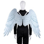 Angel wings gray-blue tone feather design on black costume with mannequin display.