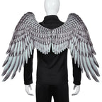 Angel wings gray gradient design worn over black costume, realistic feather look and full spread shape.