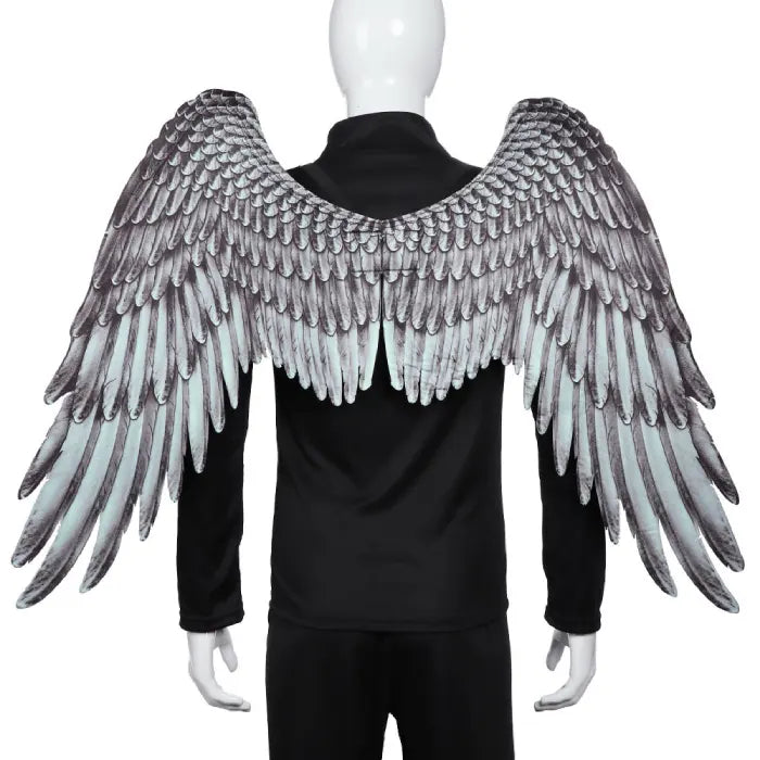 Angel wings gray gradient design worn over black costume, realistic feather look and full spread shape.