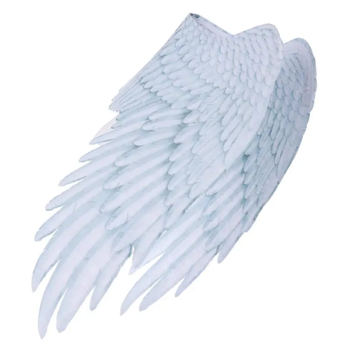 Angel wings side view showing white layered feathers with soft structure and curved wing shape.