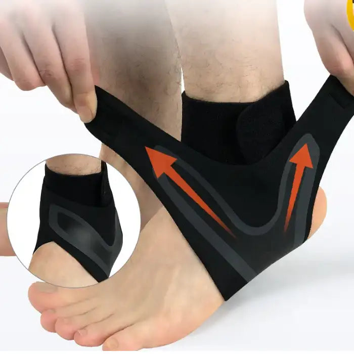 Adjustable ankle brace with pull straps offering customized compression and support.