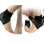 Flexible ankle brace demonstrated with pull arrows showing tension and support.