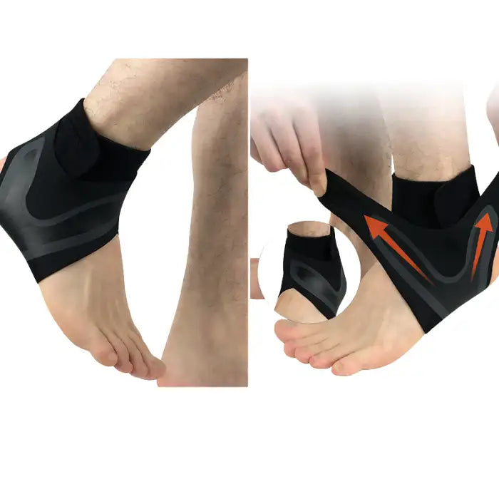Flexible ankle brace demonstrated with pull arrows showing tension and support.
