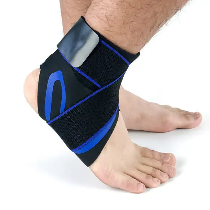 Ankle brace with blue accents providing compression support for sports or injury recovery.