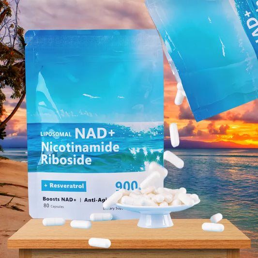 Anti-aging NAD+ supplement with capsules spilled on beach-themed packaging.