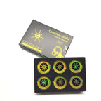 Anti radiation sticker 6-pack set with quantum shield branding and protective foam packaging.