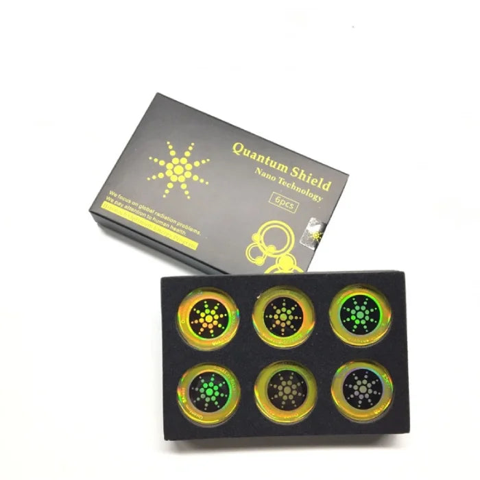 Anti radiation sticker 6-pack set with quantum shield branding and protective foam packaging.