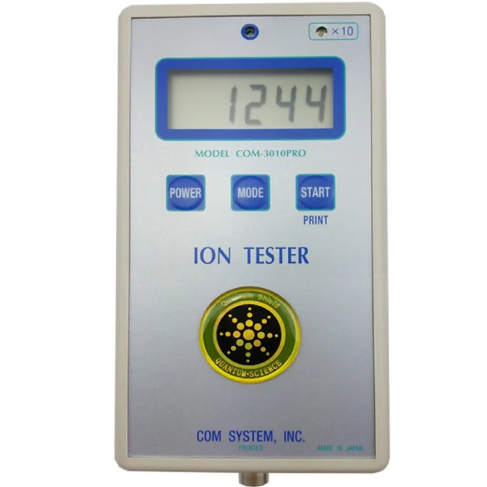 Anti radiation sticker tested with ion tester model COM-3010PRO showing reading of 1244.