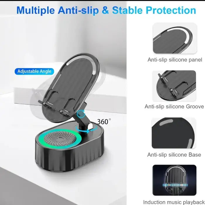 Multiple views of phone holder's anti-slip features including silicone panel, groove, base, and 360-degree rotation capability