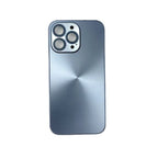 Blue anti smudge iPhone case with satin metallic finish on white background, camera frame visible.