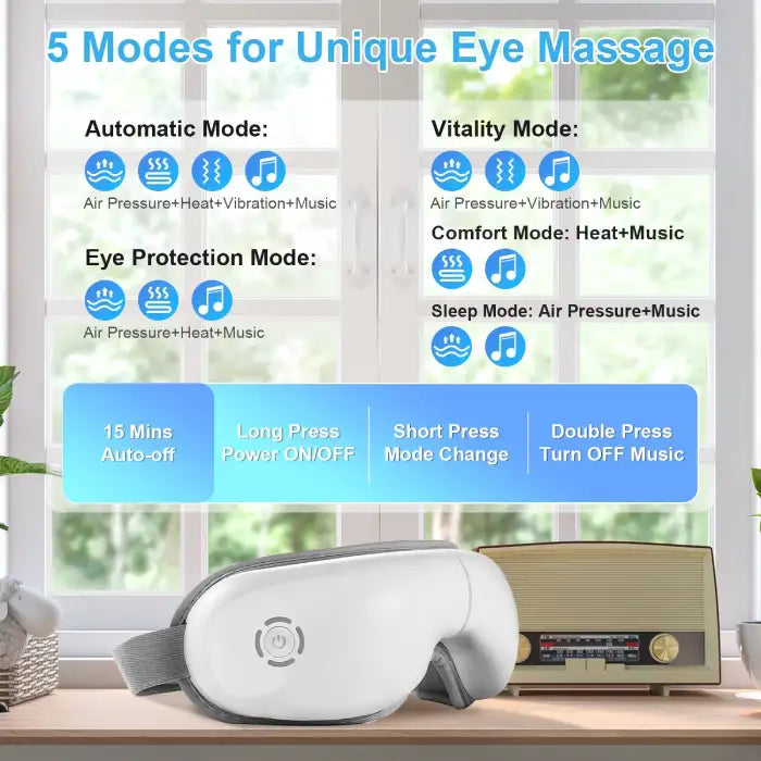 Anti-Wrinkle Eye Massager with five modes including air pressure, heat, vibration, and music.