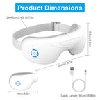 Anti-Wrinkle Eye Massager with size chart, band length, and included USB charging cable