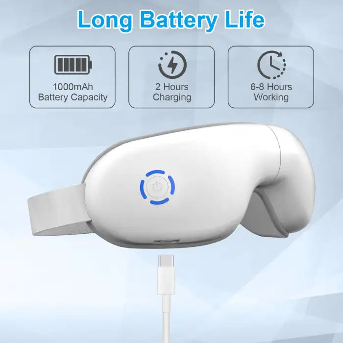 Anti-Wrinkle Eye Massager with USB charging, 1000mAh battery and 6–8 hours usage time.