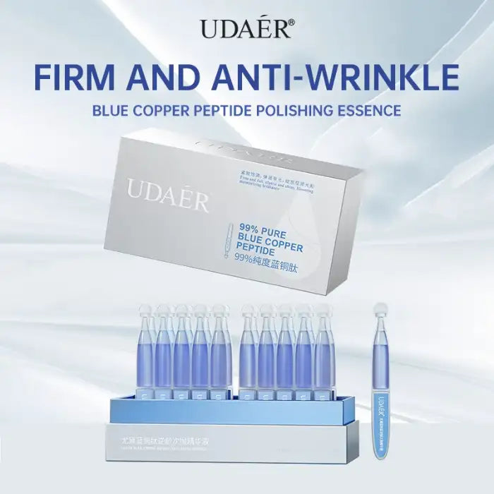 Anti-Wrinkle Peptide essence box with blue ampoules for firming and polishing skincare results.