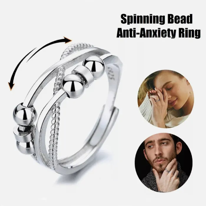 Anxiety relief ring with spinning beads shown in use for calming fidget action, offering stylish anti-stress support for everyday soothing