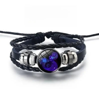 Aquarius zodiac leather bracelet with glowing wave design, perfect for astrology-themed fashion lovers.