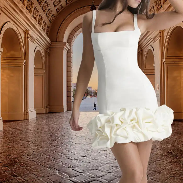 cocktail dress in pristine white with structured square neckline and dramatic ruffle detail photographed in ornate architectural hallway