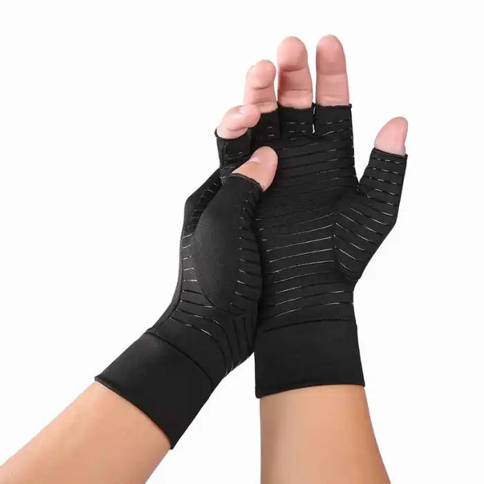 Arthritis Gloves in a black fingerless compression design supporting palms and wrists.