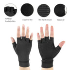Arthritis Gloves with half-finger breathable fabric, copper fibers, and non-slip silicone pads.