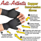 Arthritis Gloves with copper compression showing warmth, support, and fingerless design for pain relief.