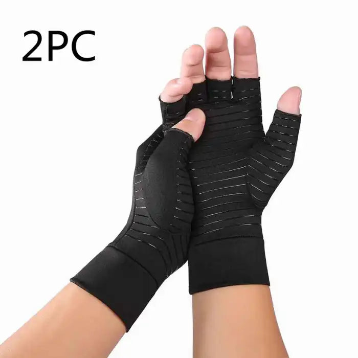 Arthritis Gloves displayed as a 2-piece fingerless compression set for hand pain relief.