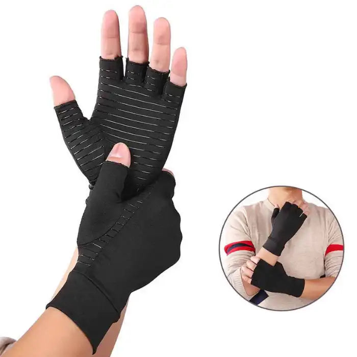 Arthritis Gloves shown on hands providing wrist and palm compression for added support.
