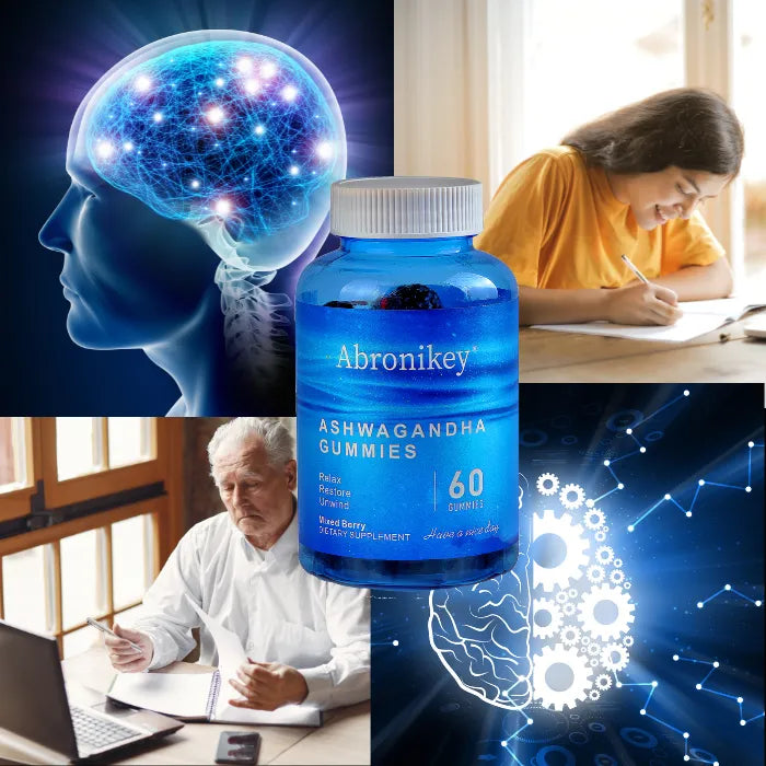 Brain health and cognitive function benefits of ashwagandha gummies with neural network visualization