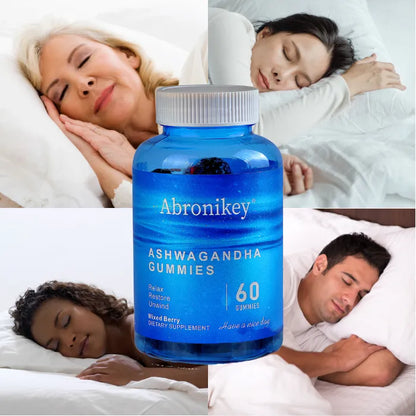 Natural ashwagandha gummies for better sleep quality and relaxation, featuring peaceful sleeping individuals